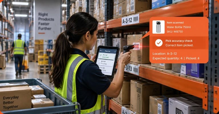 Picker scanning a rack location while the agent confirms the correct item was picked