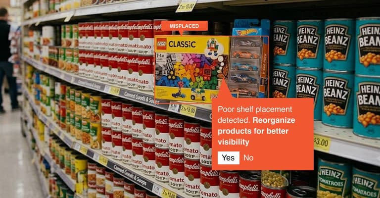 Misplaced-product prompt over a grocery aisle, flagging a toy boxed in among the tinned goods