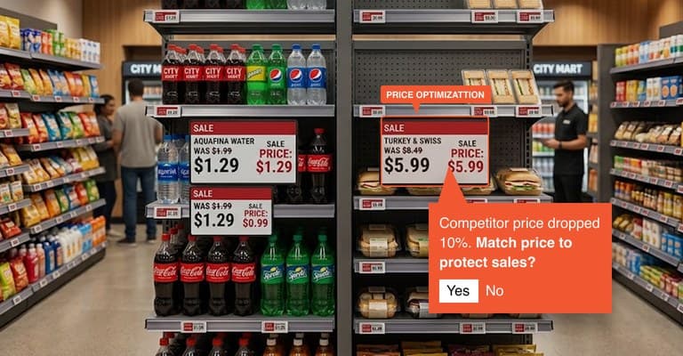 Price-optimisation prompt over a store aisle, asking whether to match a competitor's drop
