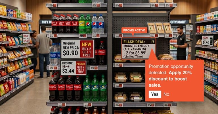 Promotion prompt over a store aisle, offering a discount on a live flash deal