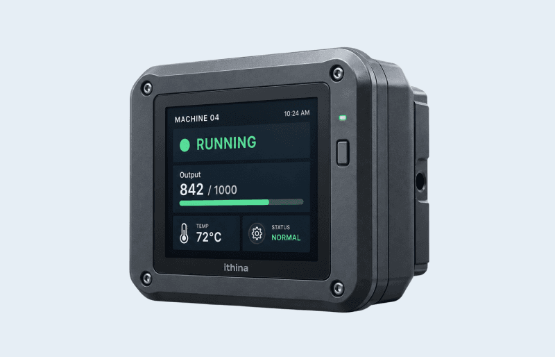 An industrial interactive label with green LED bars, front and back