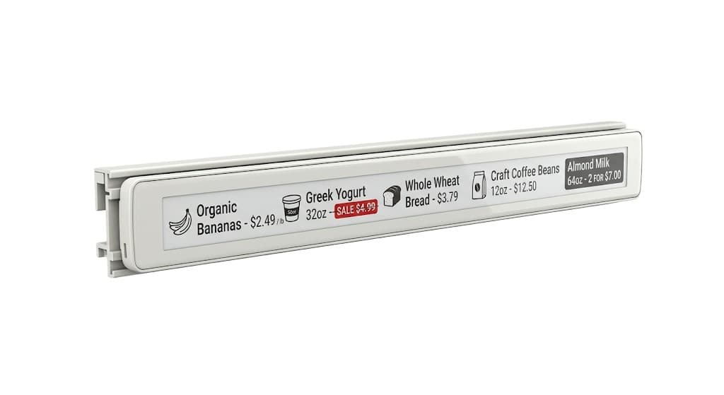 An Ithina shelf rail display showing product prices