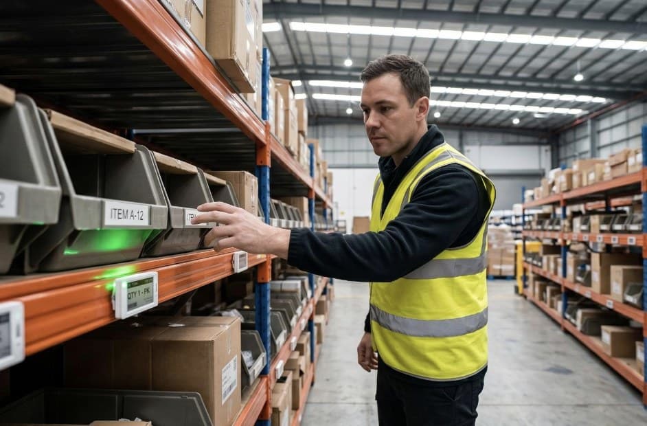 A warehouse worker fitting an electronic label to a racking bay