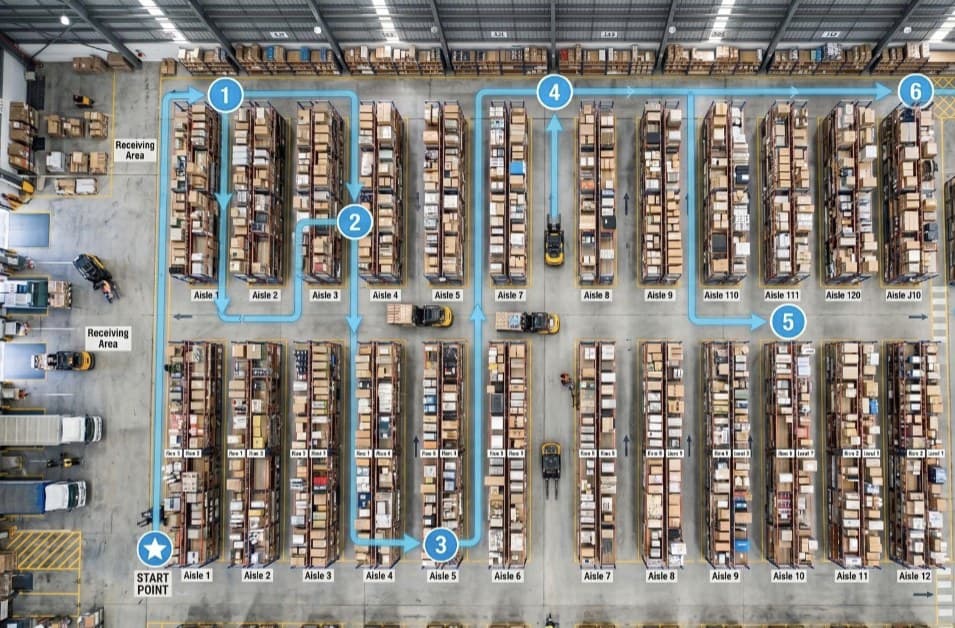 An overhead view of a warehouse with a guided pick route mapped across the aisles