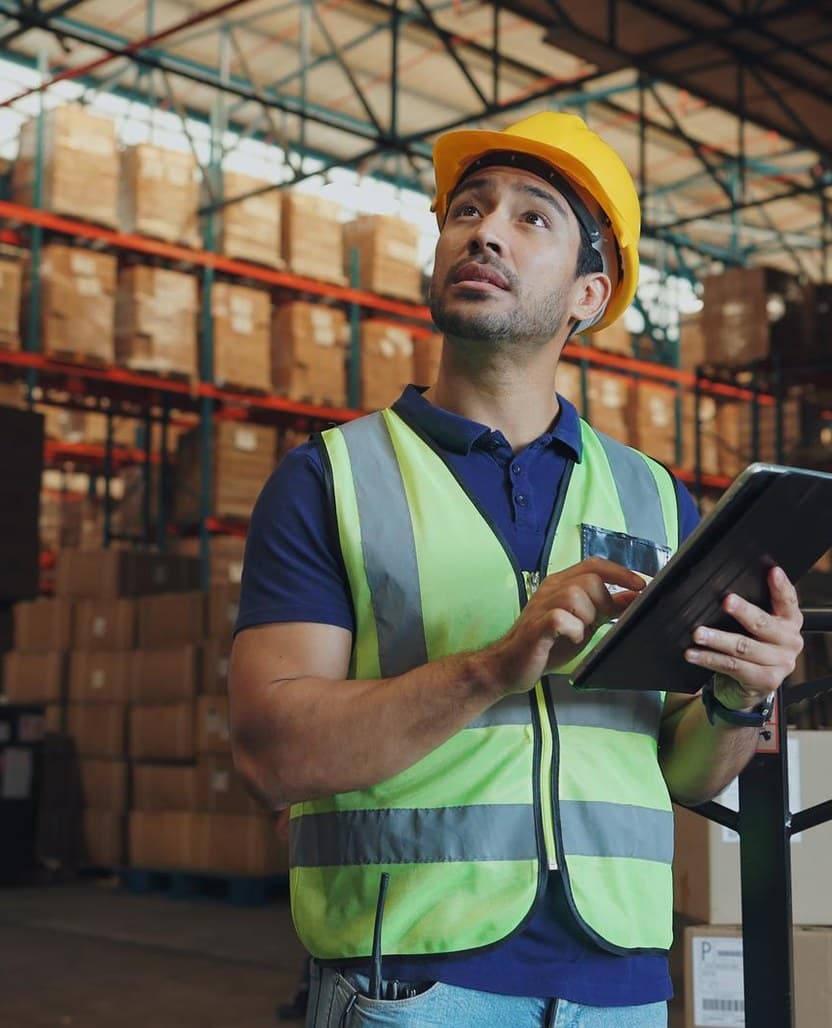 A warehouse operator checking stock on a tablet in a racking aisle