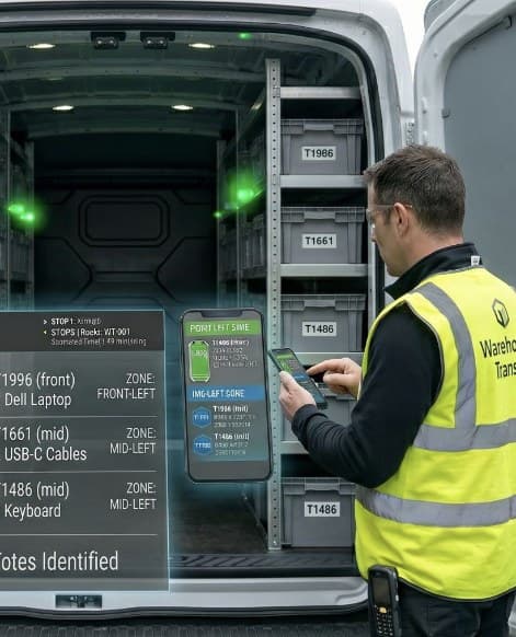 A driver locating a tagged tote in a delivery van using in-vehicle positioning