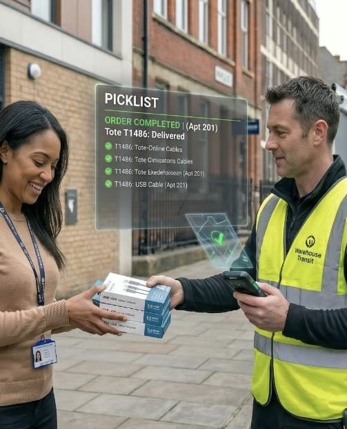 A courier handing over a completed order with the picklist confirmed