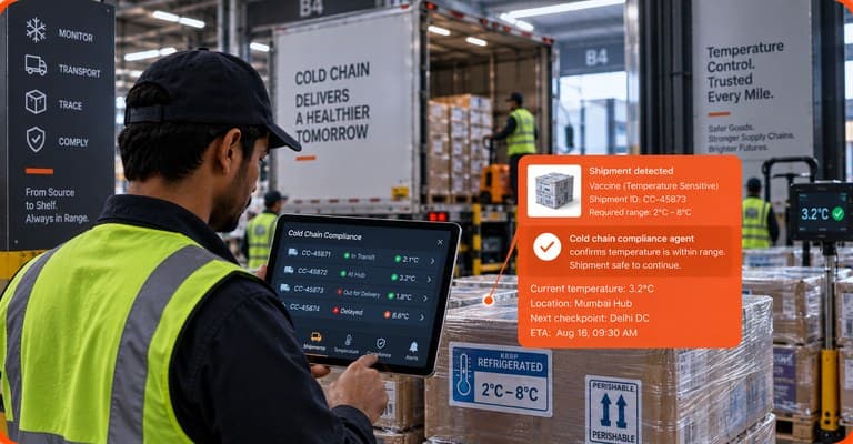 Worker checking a refrigerated pallet while the agent confirms it is within range