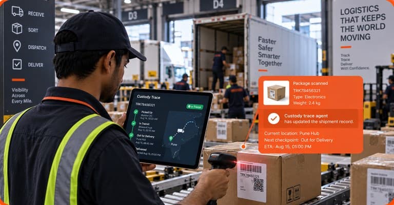 Dock worker scanning a parcel while the agent updates its shipment record