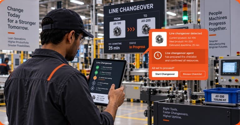 Operator running a line changeover while the agent confirms the checklist and resources