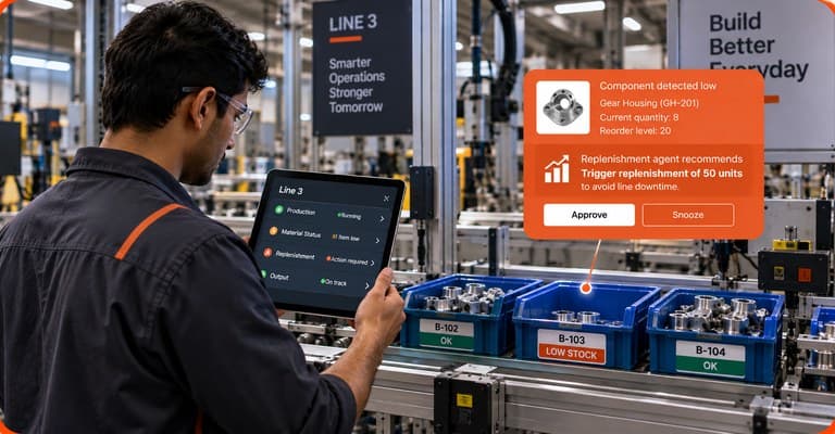 Line operator at a low-stock bin while the agent recommends a replenishment