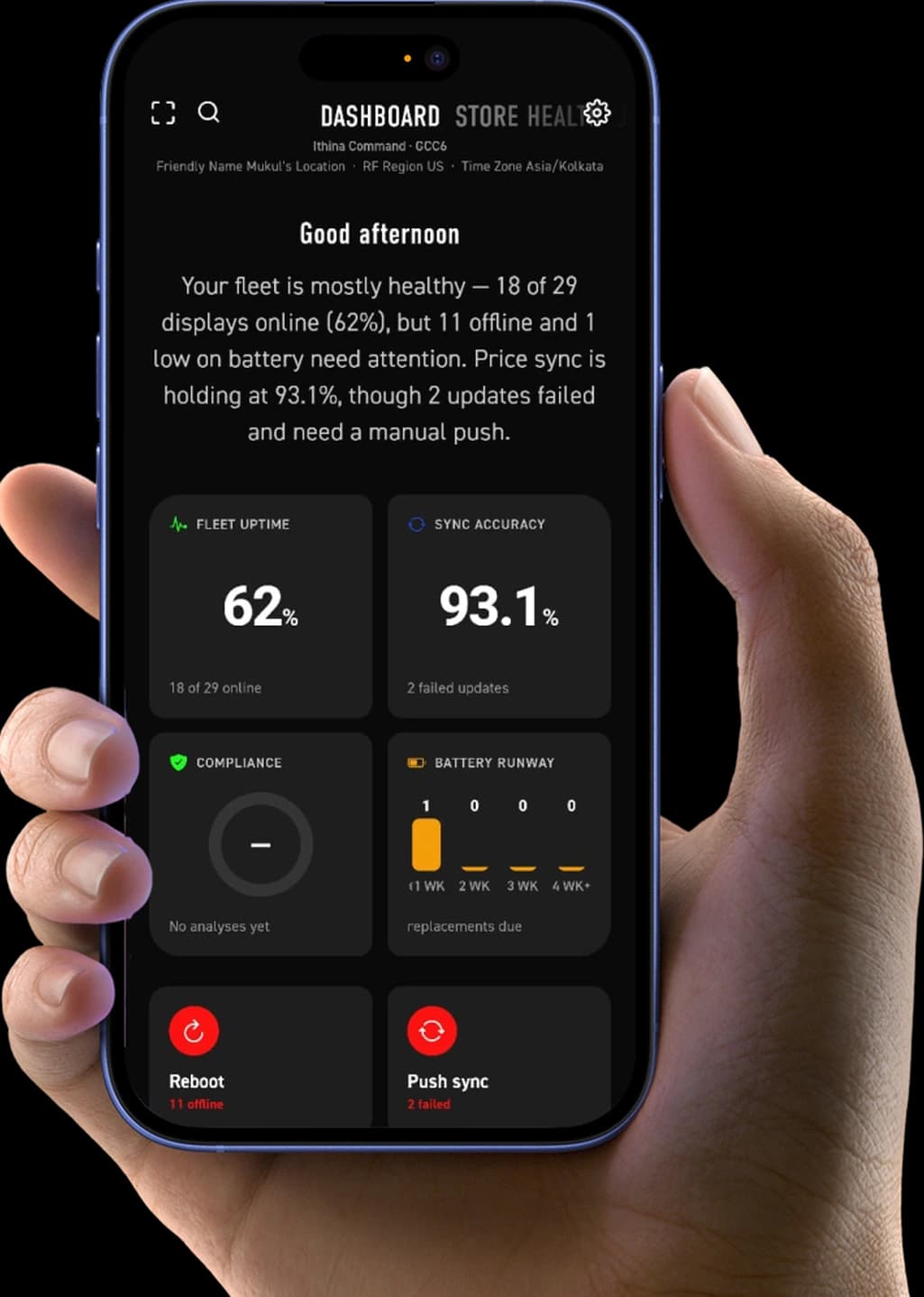 The Ithina Command store-health dashboard open on a phone