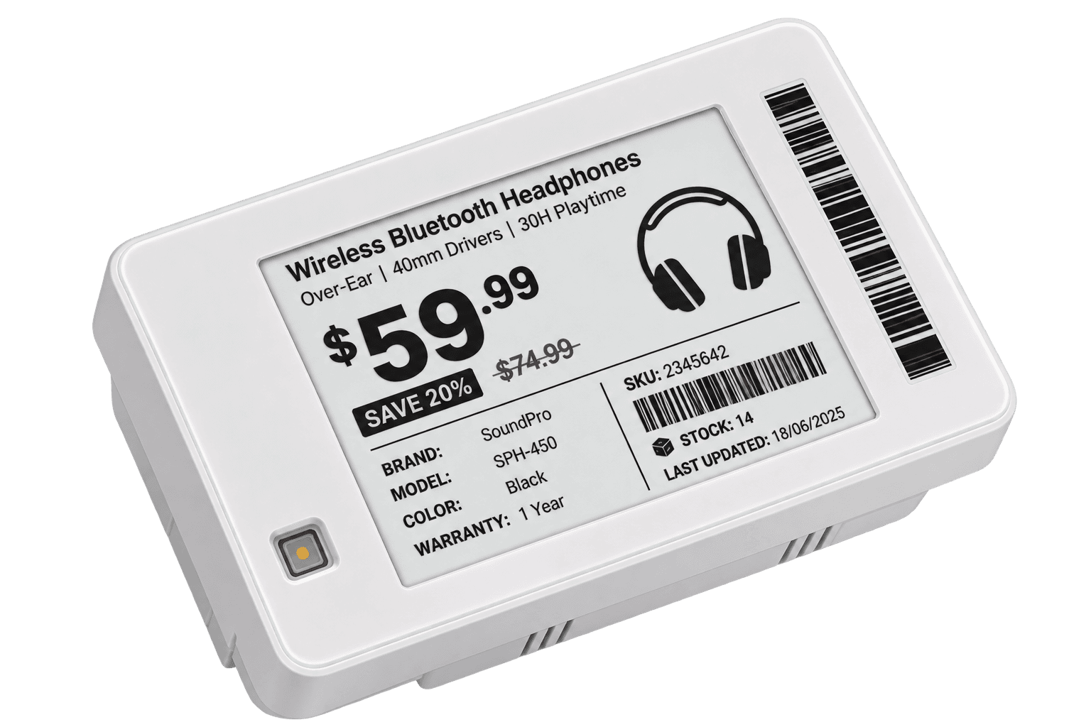 An Ithina C Series electronic shelf label showing a headphones price