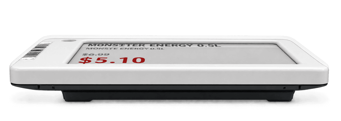 An Ithina C Series label seen head-on, its LED lit beside the price