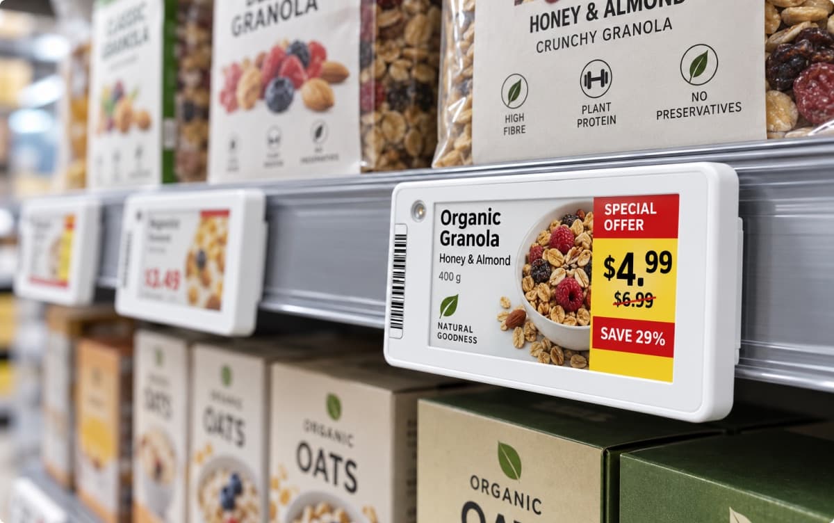 A supermarket shelf edge priced by C Series labels