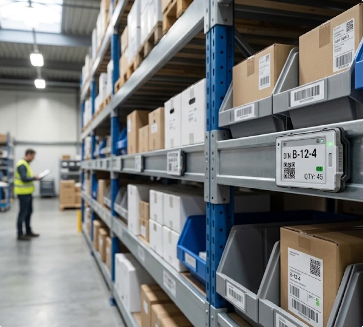 A warehouse racking aisle with bins labelled by I Series tags