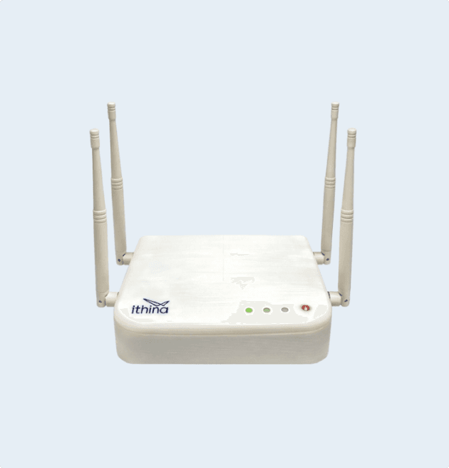 The Ithina IGI-1 gateway seen from the front, its status lights on