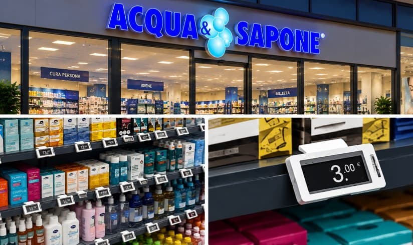 An Acqua & Sapone storefront above two shelves of products priced by Ithina labels