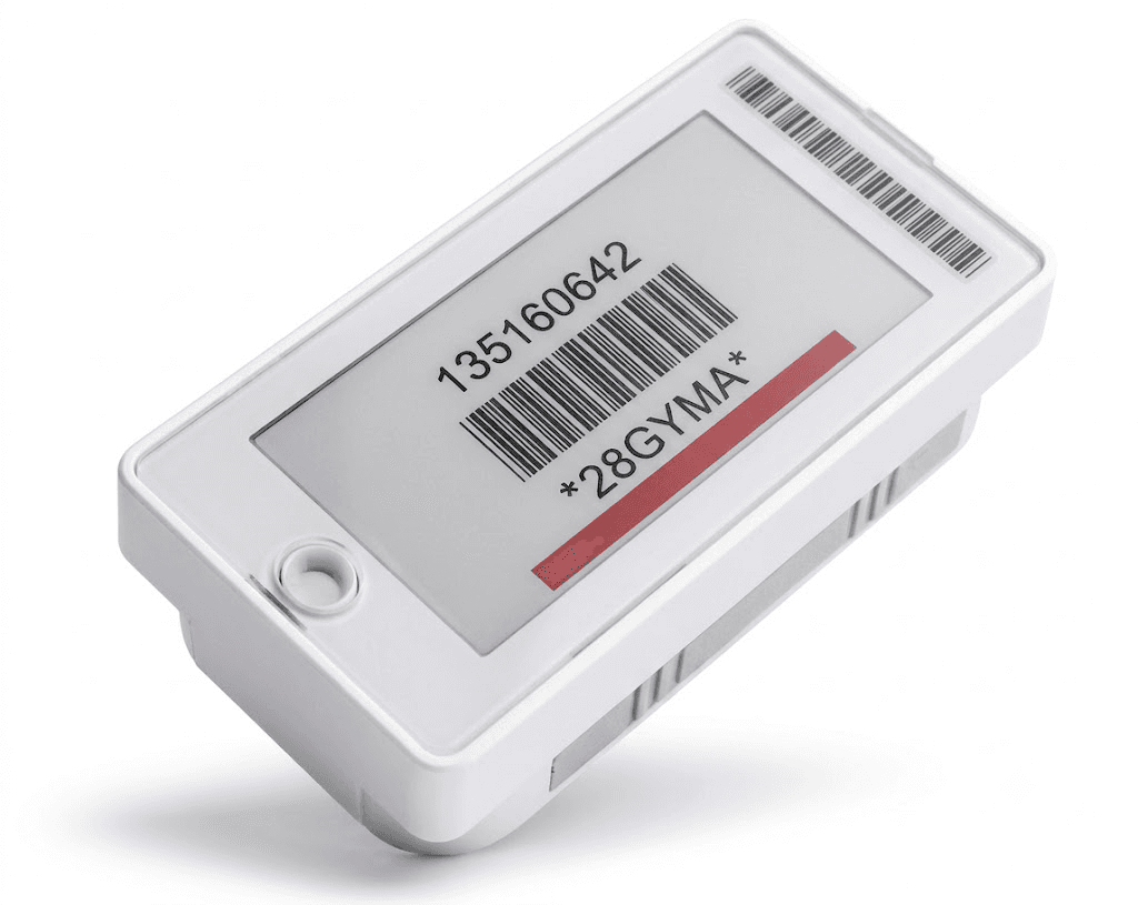An Ithina P Series electronic shelf label shown from several angles