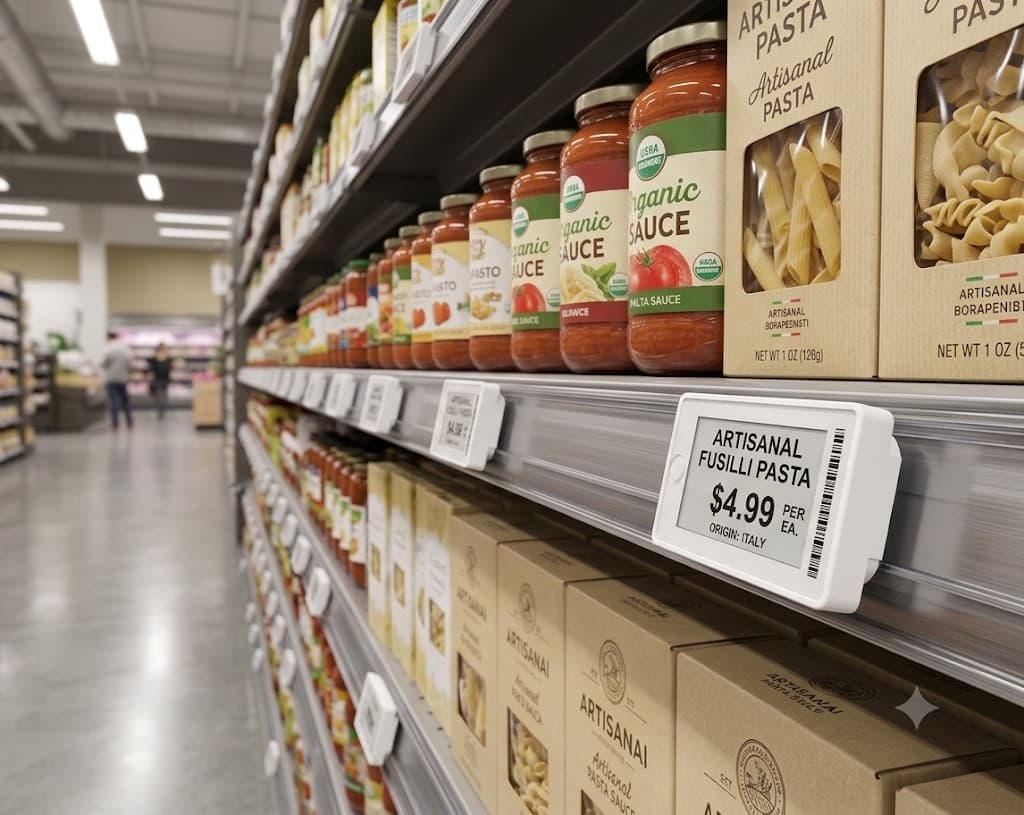 A supermarket aisle priced end to end by P Series labels
