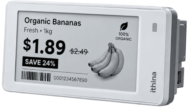 An Ithina electronic shelf label showing a barcode