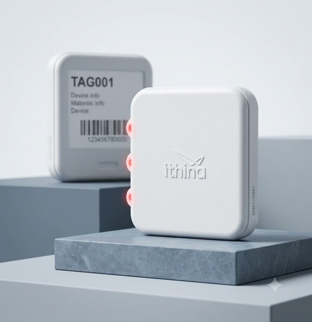 An Ithina T Series tote tag on a plinth beside a tagged package