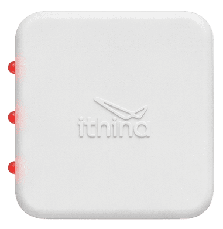 An Ithina T Series tag head-on, its three LEDs lit down one edge