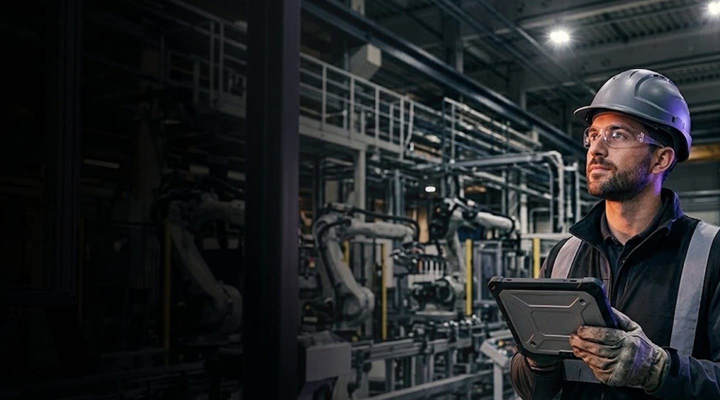 Plant engineer in a hard hat reviewing a rugged tablet on a robotic production line