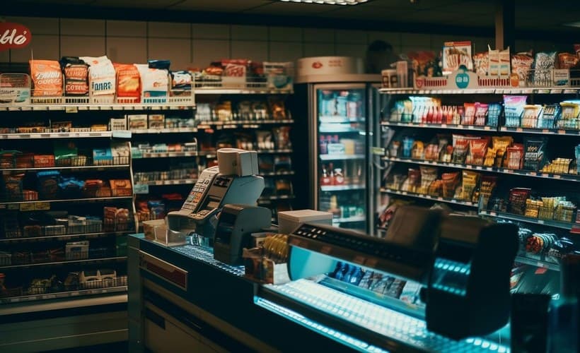 The chilled counter and back wall of a convenience store