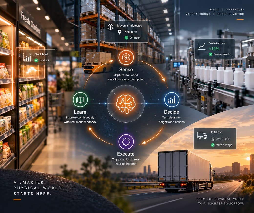 The Ithina loop — sense, decide, execute, learn — drawn across a store, a warehouse, a production line and a truck on the road