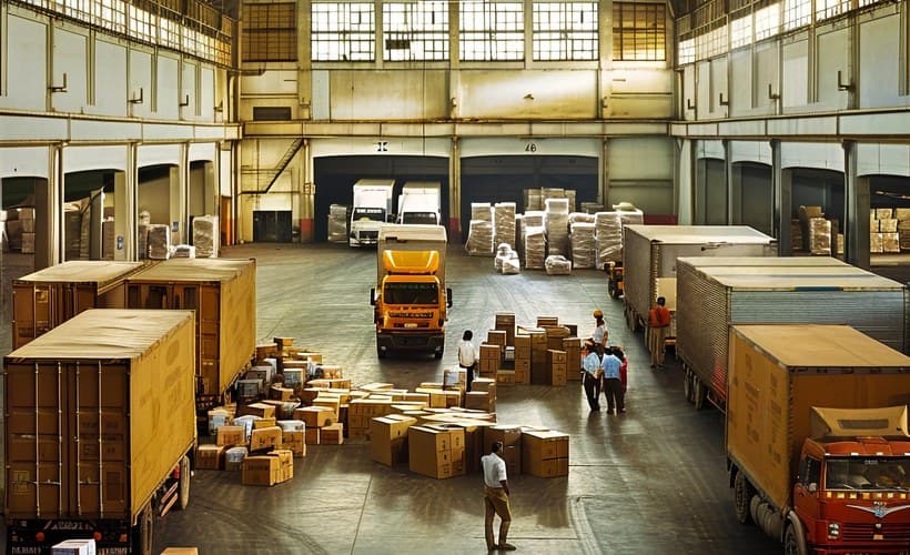 Warehouse floor stacked with cartons and pallets