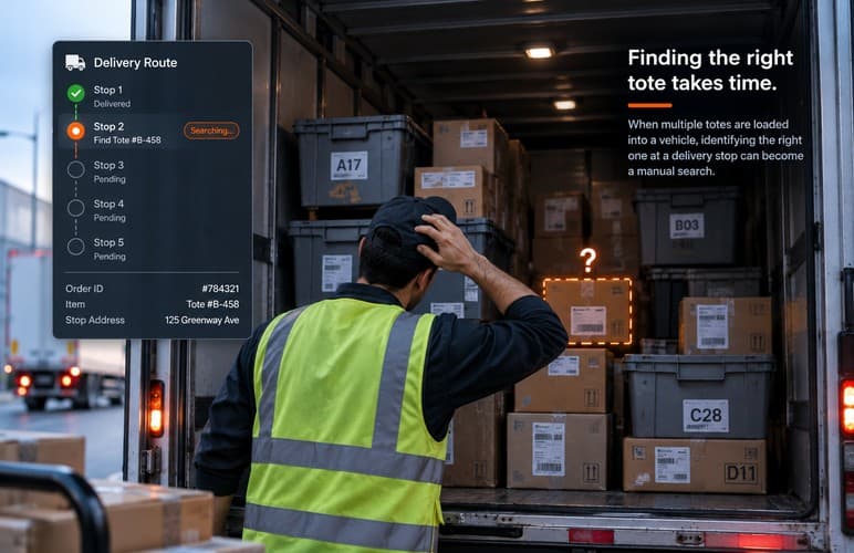 A worker searching a van full of identical totes at a delivery stop