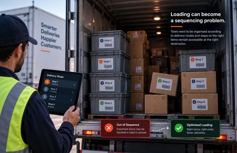 Totes being staged in route order against a multi-stop delivery plan
