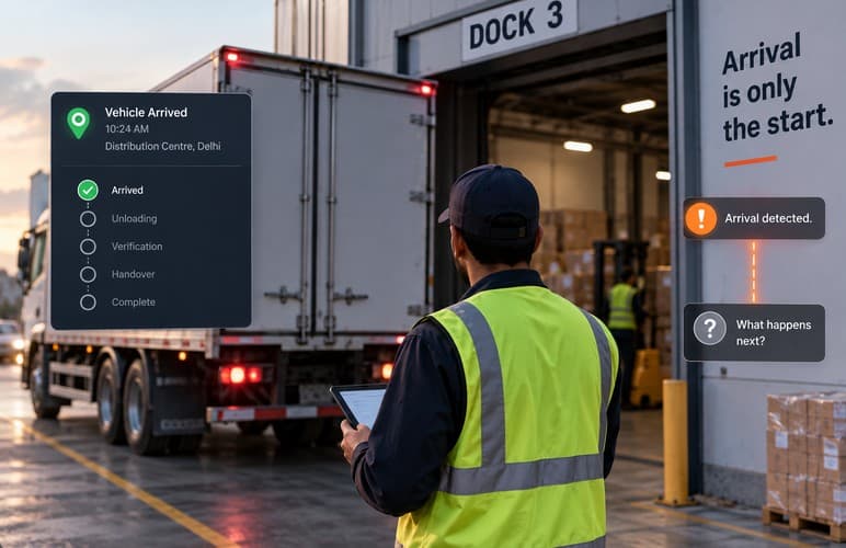 An arrival event at a delivery address triggering the next workflow step