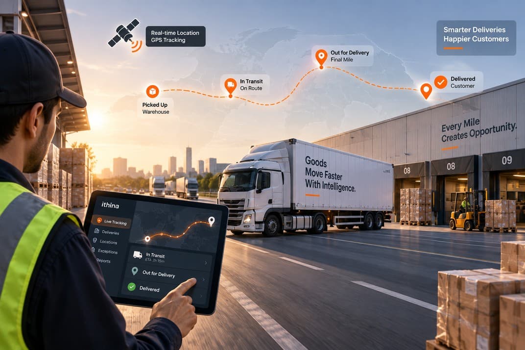 A delivery van and warehouse dock linked by location, tote and custody signals