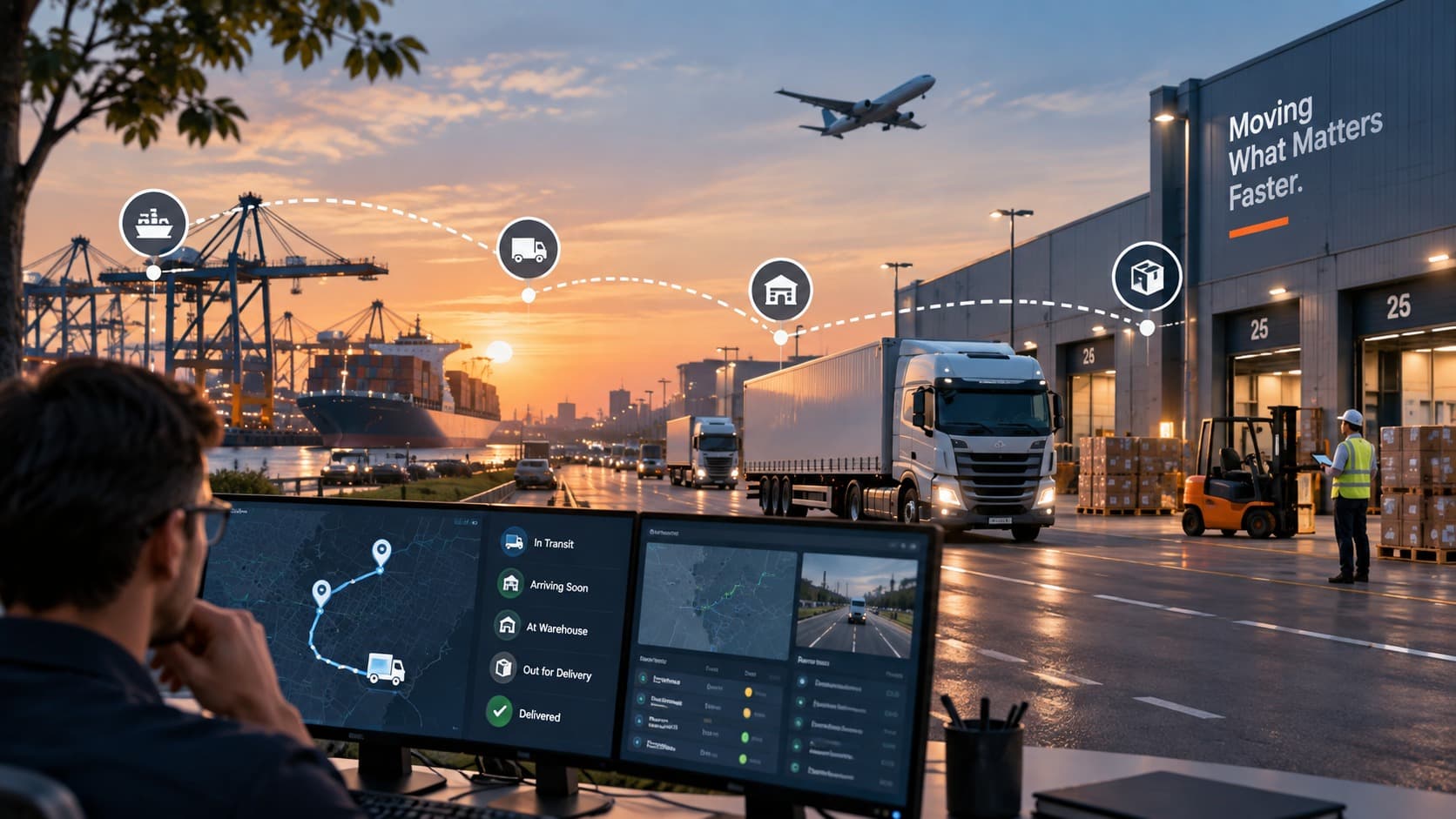 Port, road and dock traced by a line of movement milestones, with a controller following a delivery on screen
