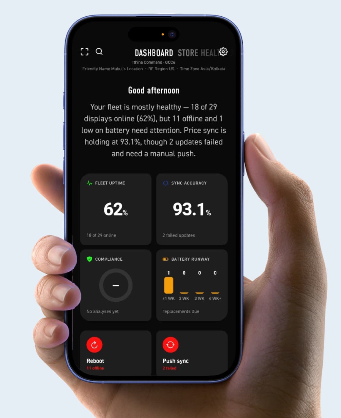 The Ithina Command store-health dashboard open on a phone