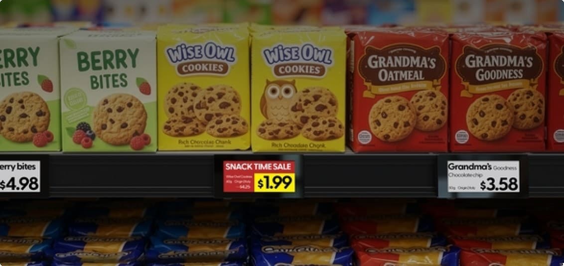 Shelf-edge labels showing live prices along a grocery aisle