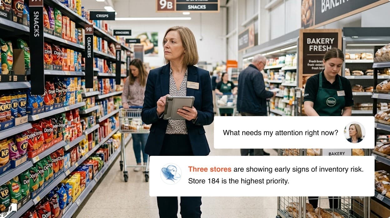 A store manager on the shop floor, Maestro flagging which stores need attention