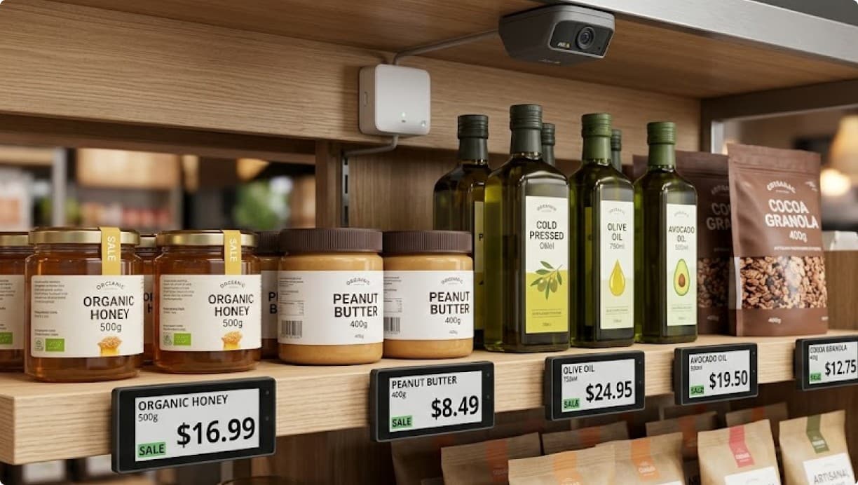 Sensors, cameras and shelf labels capturing what is happening on the floor