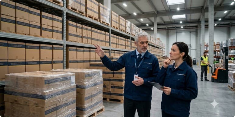 Two colleagues coordinating a task on the warehouse floor