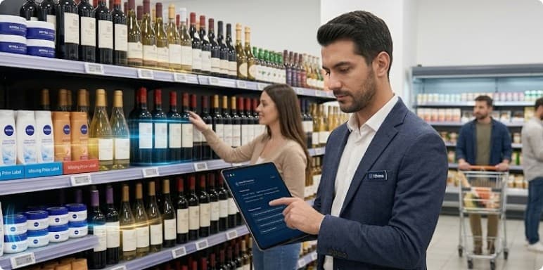 A manager reviewing margin on a tablet in the wine aisle