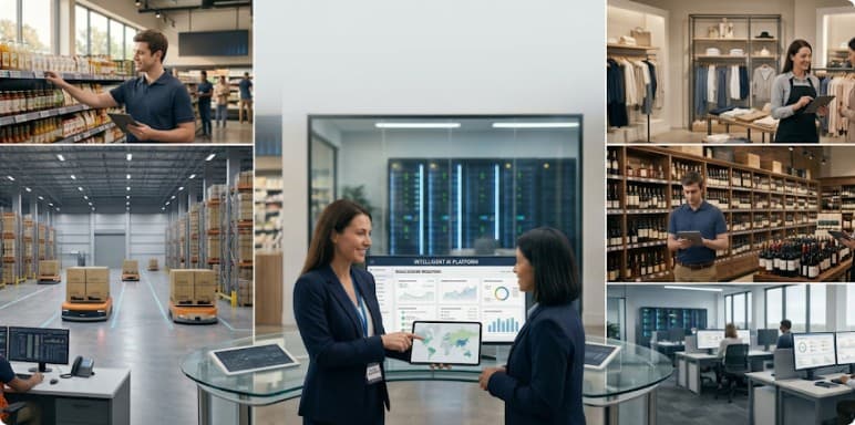 The same operation running across a warehouse, an office and a store