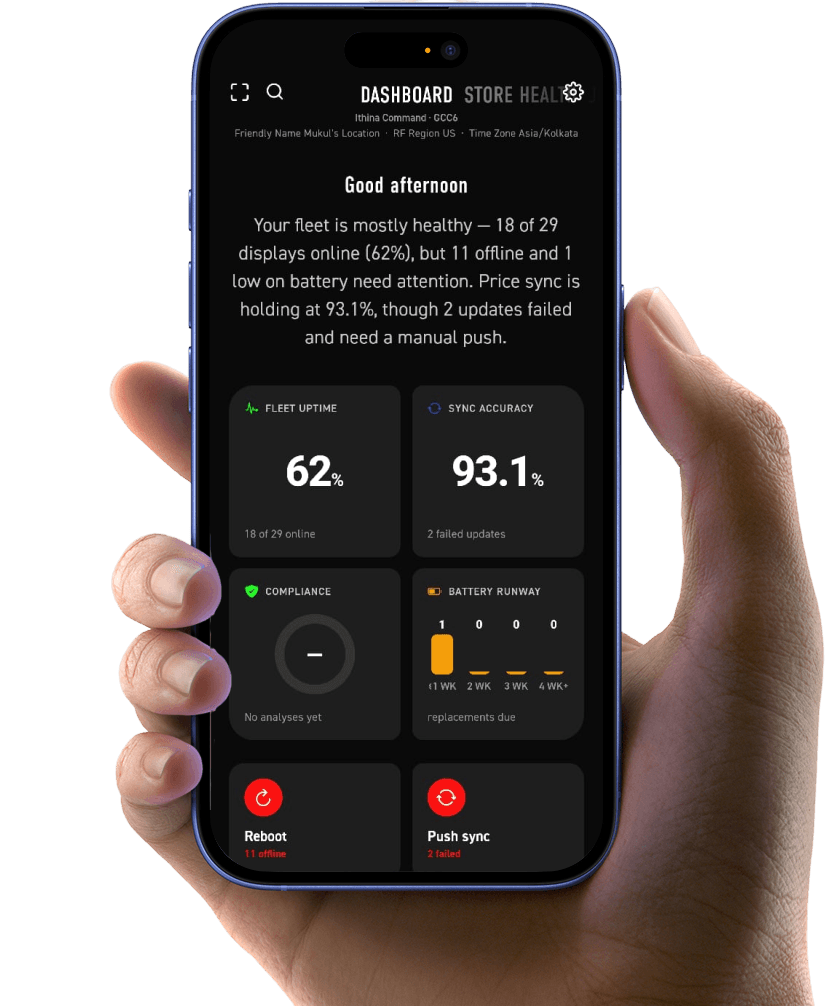 The Ithina Command store-health dashboard open on a phone