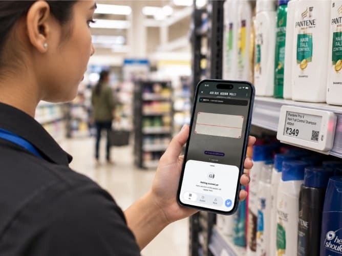 A store colleague scanning a shelf label with the Command app