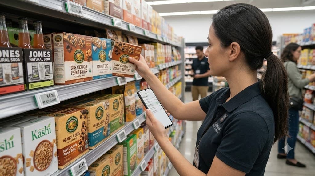 A colleague replenishing stock on an upper shelf