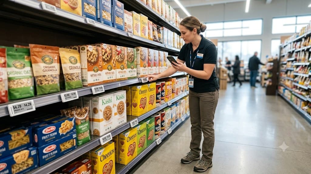 A colleague mapping displays from the aisle