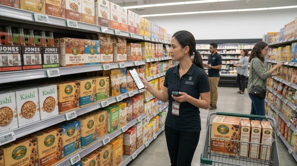 A colleague verifying shelf compliance across an aisle