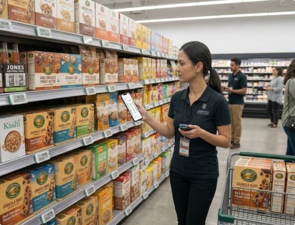 A store colleague checking shelf stock against a handheld device