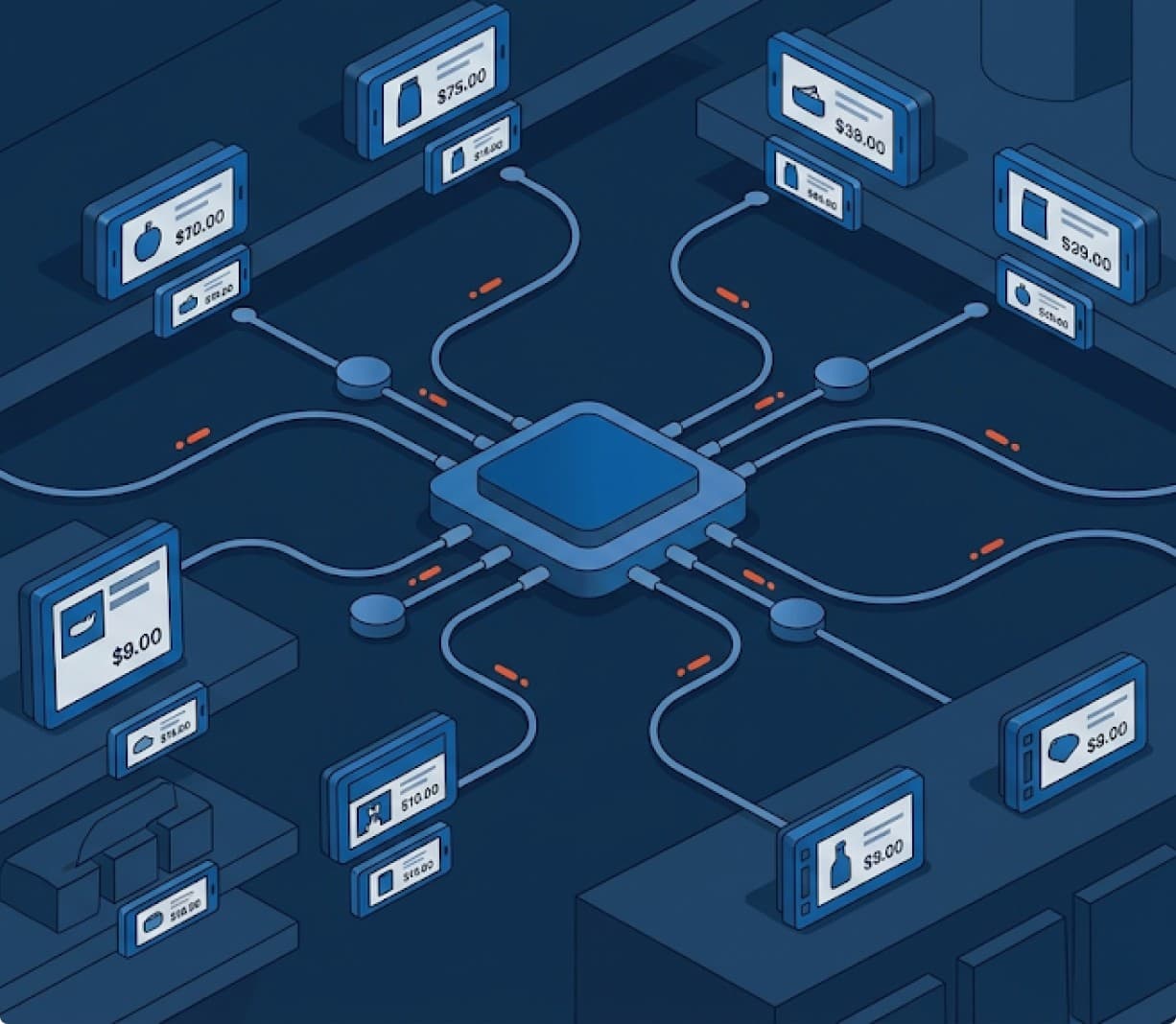 An isometric diagram of shelf labels connected to a central Core processor